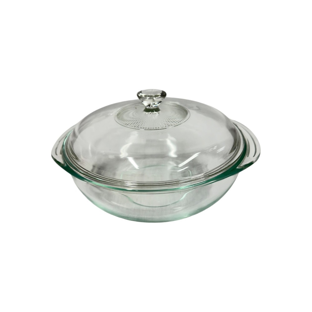 Vintage Pyrex 024 2 Qt Clear Glass Round Casserole Dish with Lid Sunburst Knob